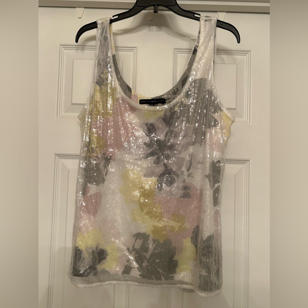White House Black Market Sequin Floral Tank Top - White, Yellow, Pink, Gray